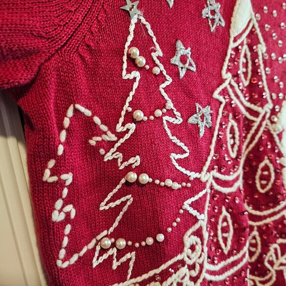 Christmas Sweater Women Small Red Beaded Winter Scene Family Holiday Party Retro - Picture 4 of 11